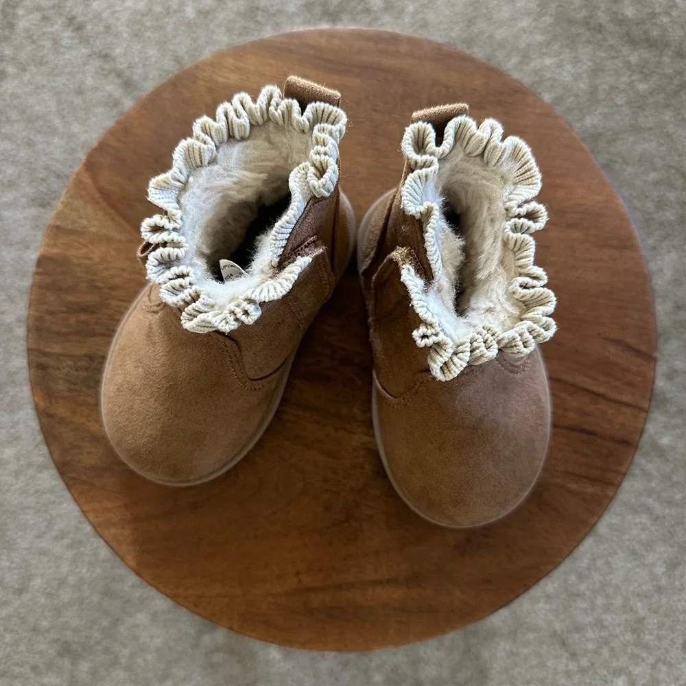 Wonder Nation Infant Girl Size 3 Brown Faux Suede Ruffle Bow Ankle Boots